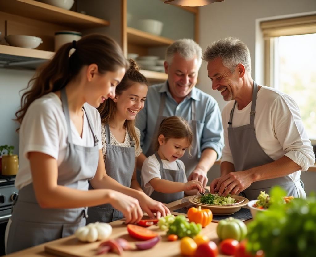 Family cooking together in kitchen